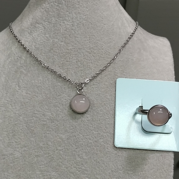 Rose Quartz Necklace Ring Set Natural Gemstone Adjustable Stainless-Steel 2pc - Picture 4 of 11